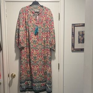 NATURAL LIFE Cream Floral Print Top with Teal and Coral Accents Side Slits Maxi